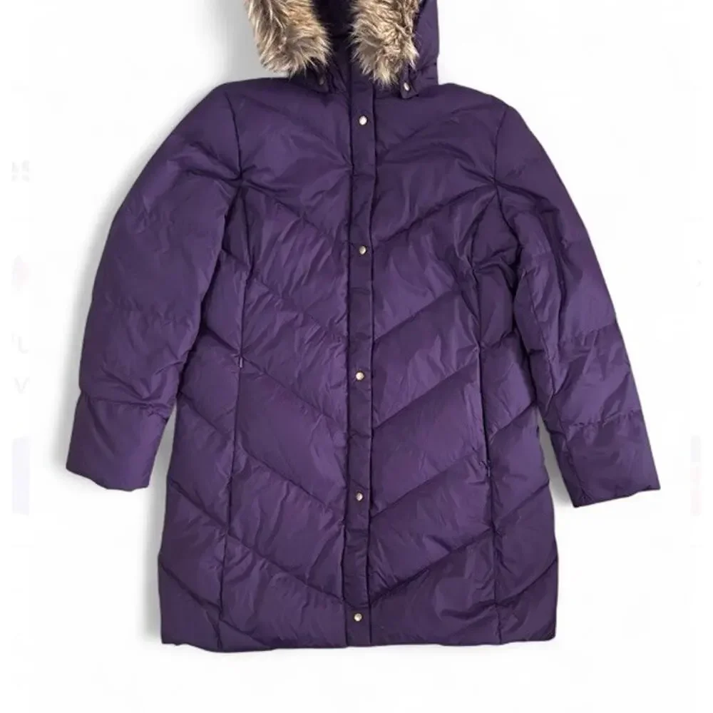 Land’s End Women’s Purple Down Puffer Jacket Faux Fur Hood Size P Med 10-12